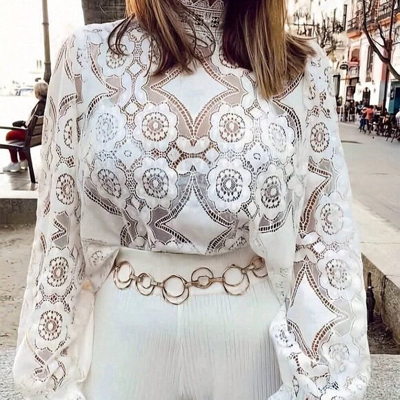 White Elegant Women's Stand Collar Patchwork Lace Long Sleeve Hollow Out Blouse - Picture 1 of 5